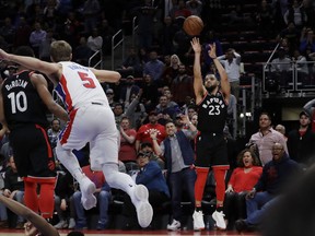 Toronto Raptors guard Fred VanVleet hits the game-winning basket in overtime against the Detroit Pistons on March 7.