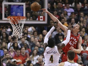 Jakob Poeltl of the Raptors watches his shot head into the basket during the second half of their game against the Denver Nuggets at the Air Canada Centre on Tuesday night.