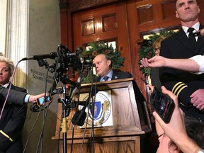 FILE - In this Friday, Dec. 1, 2017 file photo, Massachusetts Senate President Stan Rosenberg speaks to reporters outside his office at the Statehouse to reporters in Boston. The Thursday, March 29, 2018 indictment of Bryon Hefner, Rosenberg's husband, came months after The Boston Globe reported on allegations that Hefner sexually harassed or abused several men, some of whom had business before the Legislature.