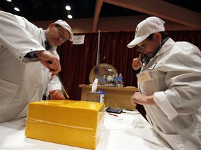 Judges Lars Johannes Nielsen and Kerry Kaylegian inspect a cheddar, aged one to two years, during the World Championship Cheese Contest, Tuesday, March 6, 2018, in Madison, Wis. The biennial event started Tuesday and runs through Thursday night. Organizers say this year there are a record of more than 3,402 entries, with participation up 15 percent from 2016.