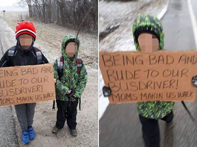 A Windsor, Ont. area mother posted this photo to Facebook showing the punishment she gave her two boys for "rude" behaviour.