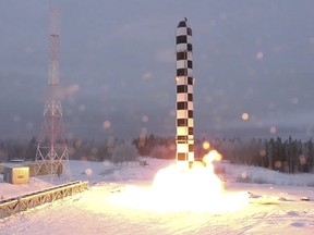 In this video grab provided by RU-RTR Russian television via AP television on Thursday, March 1, 2018, Russia's new Sarmat intercontinental ballistic missile blasts off during a test launch from an undisclosed location in Russia.