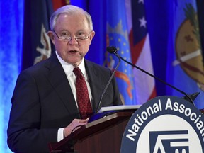 FILE -- In this Tuesday Feb. 27, 2018 file photo is Attorney General Jeff Sessions speaking at the National Association of Attorneys General Winter Meeting in Washington. Sessions will speak before the California Peace Officers Association, Wednesday, March 7, to make what's being billed as a major announcement about sanctuary policy.
