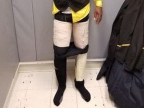 Airline crew member with cocaine strapped to his legs.