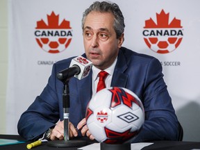 Canada Soccer general secretary Peter Montopoli speaks at a press conference at BMO Field in Toronto on Feb. 26.