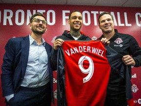 Toronto FC player Gregory van der Wiel was introduced to reporters by GM Tim Bezbatchenko and coach Greg Vanney on Feb. 5.