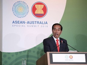 Indonesian President Joko Widodo speaks at a CEO Forum Lunch during the Association of Southeast Asian Nations, ASEAN, special summit, Saturday, March 17, 2018 in Sydney, Australia.