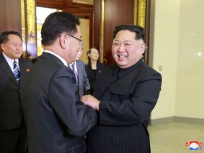 In this Monday, March 5, 2018 photo, provided by the North Korean government on March 6, North Korean leader Kim Jong Un, front right, meets South Korean National Security Director Chung Eui-yong, front left, in Pyongyang, North Korea. Independent journalists were not given access to cover the event depicted in this image distributed by the North Korean government. The content of this image is as provided and cannot be independently verified. Korean language watermark on image as provided by source reads: "KCNA" which is the abbreviation for Korean Central News Agency. (Korean Central News Agency/Korea News Service via AP)