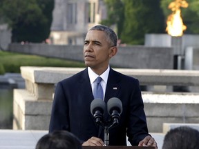 FILE - In this May 27, 2016, file photo, U.S. President Barack Obama delivers remarks, at Hiroshima Peace Memorial Park in Hiroshima, western Japan.  Former President Obama says negotiations with North Korea on its nuclear weapons program are difficult, partly because the country's isolation minimizes possible leverage, such as trade and travel sanctions against Pyongyang. Obama told a packed hall in Tokyo Sunday, March 25, 2018,  that the effort to get North Korea to give up nuclear weapons remains difficult, but countries working together to combine pressure on North Korea is better than nations working alone.