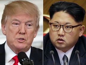 FILE - This combination of two file photos show U.S. President Donald Trump, left, speaking in the State Dining Room of the White House, in Washington on Feb. 26, 2018 and North Korean leader Kim Jong Un attending in the party congress in Pyongyang, North Korea on May 9, 2016.  President Donald Trump has accepted an offer of a summit from the North Korean leader and will meet with Kim Jong Un by May, a top South Korean official said Thursday, March 8, 2018,  in a remarkable turnaround in relations between two historic adversaries.