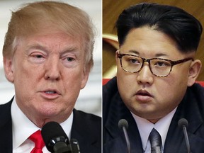 FILE - This combination of two file photos shows U.S. President Donald Trump, left, speaking in the State Dining Room of the White House, in Washington on Feb. 26, 2018, and North Korean leader Kim Jong Un attending in the party congress in Pyongyang, North Korea on May 9, 2016. With just weeks to go before it's all supposed to happen, there's still no official word on where U.S. President Donald Trump and North Korean leader Kim Jong Un will hold their first-ever summit.