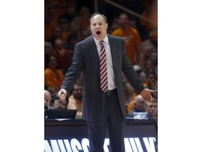 Georgia coach Mark Fox yells to his team during the second half of an NCAA college basketball game against Tennessee on Saturday, March 3, 2018, in Knoxville, Tenn.