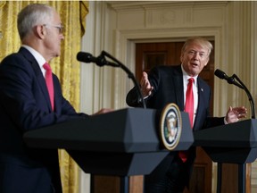 President Donald Trump speaks during a news conference with Australian Prime Minister Malcolm Turnbull in the East Room of the White House in Washington, Friday, Feb. 23, 2018.