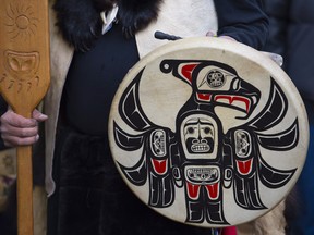 A traditional drum is pictured during a ceremony to commemorate the deaths in Quesnel, B.C. Sunday, Oct. 26, 2014.