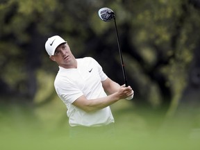 Alex Noren of Sweden watches his drive on the eighth hole during round six at the Dell Technologies Match Play golf tournament, Sunday, March 25, 2018, in Austin, Texas.