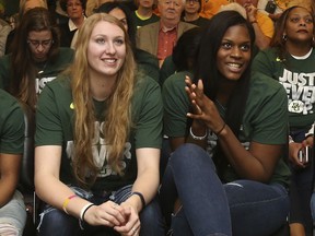 Baylor players Lauren Cox, left, and Kalani Brown, right, watch an NCAA college basketball selection show Monday, March 12, 2018, in Waco, Texas.