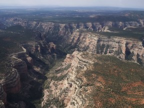 FILE - In this May 8, 2017, file photo, Arch Canyon within Bears Ears National Monument in Utah is viewed. A plan to name a Utah highway after President Donald Trump is getting a nod of approval from Utah lawmakers. Republican sponsor Rep. Mike Noel said Monday, March 5, 2018, he wants to recognize Trump's decision to shrink two national monuments that had been fiercely opposed by state leaders.