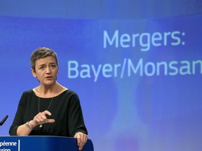 European Commissioner for Competition Margrethe Vestager speaks during a media conference at EU headquarters in Brussels, Wednesday, March 21, 2018.