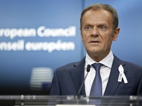 European Council President Donald Tusk speaks during a media conference at an EU summit at the Europa building in Brussels on Thursday, March 22, 2018. Leaders from the 28 European Union nations meet for a two-day summit to assess the state of Brexit negotiations, the prospect of a trade war with the United States and how to react to Russia following to the nerve agent attack in Britain.