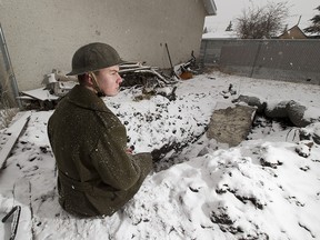 Student Dylan Ferris is spend 24 hours in a replica of a First World War trench he has built in his backyard on Tuesday, March 27, 2018  in Edmonton.