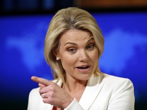 FILE - In this Aug. 9, 2017, file photo State Department spokeswoman Heather Nauert speaks during a briefing at the State Department in Washington. Nauert's unlikely climb has taken her from "Fox & Friends" to the upper echelons of American diplomacy in less than a year.