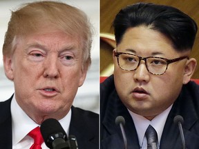 FILE - This combination of two file photos shows U.S. President Donald Trump, left, speaking in the State Dining Room of the White House, in Washington on Feb. 26, 2018, and North Korean leader Kim Jong Un attending in the party congress in Pyongyang, North Korea on May 9, 2016. Americans appear open to Trump's decision to negotiate directly with the North Korean leader, and are less concerned than in recent months by the threat posed by the pariah nation's nuclear weapons. That's according to a new poll from The Associated Press-NORC Center for Public Affairs Research, taken after Trump agreed to what would be unprecedented meeting with the North Korean leader.