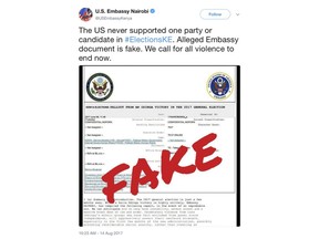 This Tweet from the U.S. Embassy in Nairobi from Aug. 14, 2017, calls out a alleged embassy document as being fake news. The United States government is gearing up to fight fake news. But the campaign doesn't involve fake news at home, where it's the subject of heated debate following the 2016 election. Instead the focus is in Kenya, where America has sought to nurture a vibrant but volatile African democracy. (U.S. Embassy Nairobi/Twitter via AP)