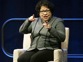 FILE - In this Feb. 7, 2018, file photo, Supreme Court Justice Sonia Sotomayor speaks during an appearance at Brown University in Providence, R.I. Sotomayor was only following the lead of her chief during Tuesday's arguments over crisis pregnancy centers when she said she visited the website of one of the centers involved in the Supreme Court case.  When Chief Justice John Roberts did something similar seven years ago, no one uttered a peep. But after Sotomayor's comment, Justice Anthony Kennedy piped up. "Well, in this case I didn't go beyond the record to look on the Internet because I don't think we should do that," Kennedy said.