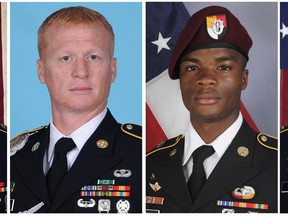 These images provided by the U.S. Army show, from left, Staff Sgt. Bryan C. Black, 35, of Puyallup, Wash.; Staff Sgt. Jeremiah W. Johnson, 39, of Springboro, Ohio; Sgt. La David Johnson of Miami Gardens, Fla.; and Staff Sgt. Dustin M. Wright, 29, of Lyons, Ga. All four were killed in Niger, when a joint patrol of American and Niger forces was ambushed by militants believed linked to the Islamic State group. A military investigation into the Niger attack that killed four American service members concludes the team didn't get required senior command approval for their risky mission to capture a high-level Islamic State militant, several U.S. officials familiar with the report said. It doesn't point to that failure as a cause of the deadly ambush. (U.S. Army via AP)