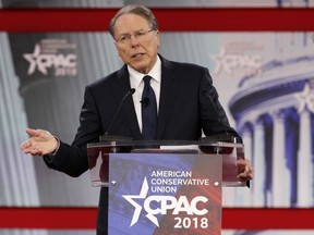 FILE- In this Thursday, Feb. 22, 2018, file photo, National Rifle Association Executive Vice President and CEO Wayne LaPierre, speaks at the Conservative Political Action Conference (CPAC), at National Harbor, Md.  The National Rifle Association's campaign against former Ohio Gov. Ted Stickland in his race for the Senate is a window into how the influential gun rights group wields its political muscle. A new test of the NRA's clout will play out in the coming months as gun control advocates demand swift action following the Florida school shooting. But the group still counts President Donald Trump and senior congressional Republicans as its allies.