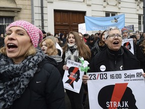 Protesting women shout slogans as they protest against efforts by the nation's conservative leaders to tighten Poland's already restrictive abortion law, in front of the bishops residence in Warsaw, Poland, Friday, March 23, 2018. The placards read : Women's Strike.
