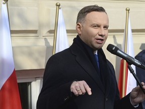 Polish President Andrzej Duda speaks during ceremonies marking the 50th anniversary of student protests that were exploited by the communists to purge Jews from Poland, at the Warsaw University in Warsaw, Poland, Thursday, March 8, 2018. Duda made an emotional plea for forgiveness to the 13,000 Poles of Jewish origin who were expelled from Poland 50 years ago and decried the loss the country suffered with their departure.