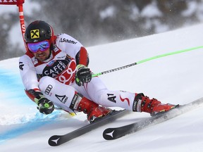 Austria's Marcel Hirscher competes during a men's giant slalom at the alpine ski World Cup finals in Are, Sweden, Saturday, March 17, 2018.