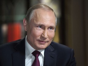 In this photo taken on Friday, March 2, 2018 and released Saturday, March 10, 2018, Russian President Vladimir Putin speaks during an interview with NBC News' Megyn Kelly in Kaliningrad, Russia.  In the some times combative interview Putin denied the charge by U.S. intelligence services that he ordered meddling in the November 2016 vote, claiming any interference was not connected to the Kremlin.