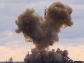 In this video grab provided by RU-RTR Russian television via AP television on Thursday, March 1, 2018, the Avangard hypersonic vehicle blasts off during a test launch at an undisclosed location in Russia. President Vladimir Putin declared Thursday that Russia has developed a range of new nuclear weapons, claiming they can't be intercepted by enemy. (RU-RTR Russian Television via AP)