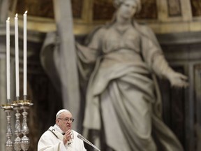 Pope Francis celebrates a Chrism Mass inside St. Peter's Basilica, at the Vatican, Thursday, March 29, 2018. During the Mass the pontiff blesses a token amount of oil that will be used to administer the sacraments for the year.