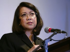 Embattled Philippine Supreme Court Chief Justice Maria Lourdes Sereno addresses students of St. Scholastica's College, a Roman Catholic school, during a forum on International Women's Day in Manila, Philippines. Wednesday, March 7, 2018. Sereno, who filed an indefinite leave starting March 1 to prepare for her impending impeachment trial, called on Filipinos Wednesday to stand up against authoritarianism and threats to human rights in an indirect criticism of the country's volatile leader, who has long called for her removal.