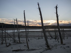 FILE -- In this Feb. 1 2018 file photo, Cape Town's main water supply from the Theewaterskloof dam outside Grabouw, Cape Town. South Africa has declared that the drought afflicting Cape Town and other parts of the country is a national disaster.