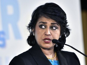 FILE -- In this Nov. 29, 2016 file photo President of Mauritius Ameenah Gurib-Fakim speaks during a press conference in Budapest, Hungary. Gurib-Fakim faces allegations that she bought clothing and jewelry with a credit card provided by a non-governmental group whose Angolan founder has sought to do business in Mauritius and is under investigation for alleged corruption in Portugal.