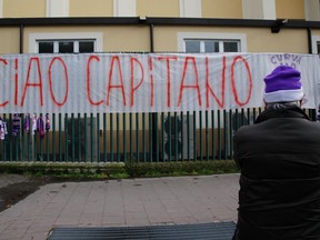 A banner reading in Italian "So long captain" is hung outside the Artemio Franchi stadium to honor Fiorentina captain Davide Astori, in Florence, Italy, Sunday, March 4, 2018. Fiorentina captain Davide Astori has died, the club has announced Sunday. He was 31. Astori was found in the early hours of Sunday morning in his hotel room in Udine, where the team was staying ahead of an Italian league match.