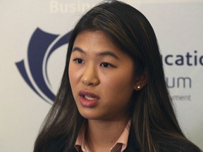 Parkland High School student Suzanna Barna speaks to The Associated Press in Dubai, United Arab Emirates, Saturday, March 17, 2018. Student survivors of a Florida high school shooting took their message calling for greater gun safety measures abroad for the first time on Saturday, sharing with educational professionals from around the world their frightening experience.