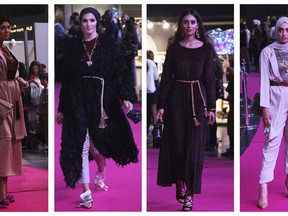 COMBO - In this combination of four photos taken on Wednesday, March 28, 2018, models present modest fashion outfits in Dubai, United Arab Emirates. The Islamic Fashion and Design Council is hosting a six-day fashion show for modest clothing, showing the growing market for the clothes.