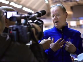 Director of Sport for the British Olympic Association Mark England speaks during an interview after inspect a Tokyo 2020 Summer Olympics and Paralympics venue the Tokyo gymnasium in Tokyo, Tuesday, March 27, 2018.