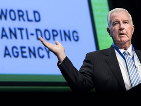 Craig Reedie, world anti-doping agency (WADA) President, delivers his speech during the opening day of the 2018 WADA annual symposium, at the Swiss Tech Convention Center, in Lausanne, Switzerland, on Wednesday March 21, 2018.