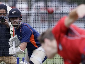 New Zealand's Kane Williamson prepares to play at the ball while batting during a training session ahead of the second cricket test against England in Christchurch, New Zealand, Thursday, March 29, 2018.New Zealand will play England in the second and final cricket test at Hagley Oval starting Friday March 30.
