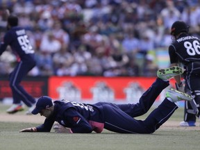 England's Joe Root dives to field the ball during their one day cricket international against New Zealand in Christchurch, New Zealand, Saturday, March 10, 2018.