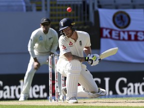 England's Ben Stokes ducks a bouncer from New Zealand's Neil Wagner during their first cricket test in Auckland, New Zealand, Monday, March 26, 2018.