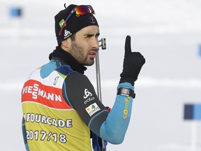 Martin Fourcade of France in action at the shooting range during an official training session prior to the IBU Biathlon World Cup event in Tyumen, Russia, on Wednesday, March 21, 2018. The competitions will start on March 22 until March 25.