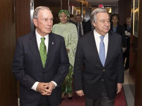 Former New York Mayor Michael Bloomberg, left, meets with Antonio Guterres, Secretary General of the United Nations, Monday, March 5, 2018, at U.N. headquarters. Bloomberg has been named Special Envoy for Climate Action.