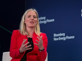 Catherine McKenna, minister of environment and climate change for Canada, speaks on a panel during the BNEF Future of Energy Summit in New York, U.S. on Monday, April 9, 2018.